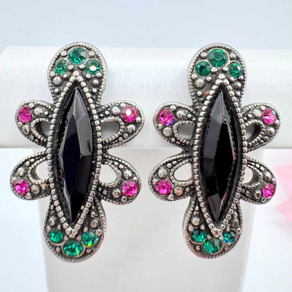 Vintage 1928 Black Navette Rhinestone Earrings Pink Green Silver Tone Gothic